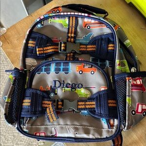 Pottery Barn Baby Backpack with Vehicle Print with “Diego” Embroidered
